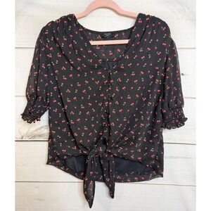 Haver London Black Cherry‎ Print Tie Front Button Blouse Smocked Puff Sleeve Top